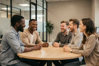 Collègue de travail à l'écart lors d'une blague raciste au bureau, illustrant le malaise et l'exclusion en milieu professionnel