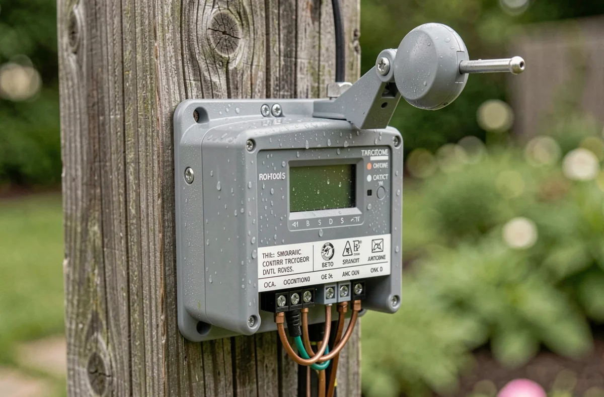 Détail du boîtier de commande électronique d'un tourneseul solaire fixé sur un poteau en bois extérieur