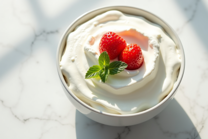 Bol de creme fouettee avec fraises et menthe