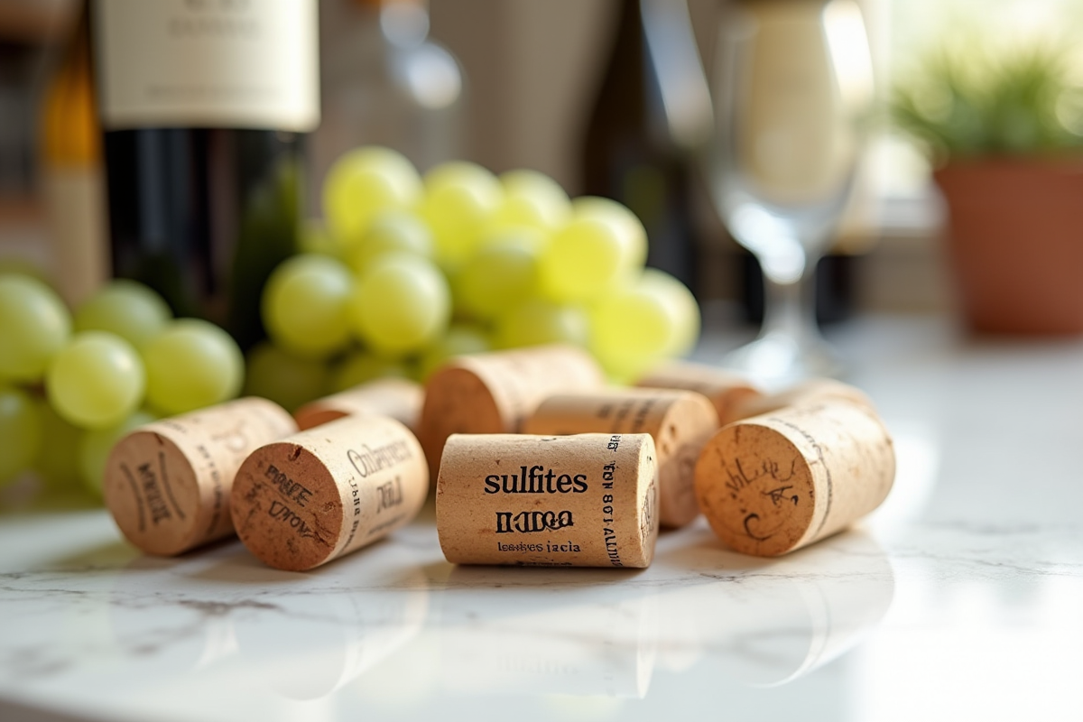 Closeup de bouchons de vin avec sulfites sur marbre blanc