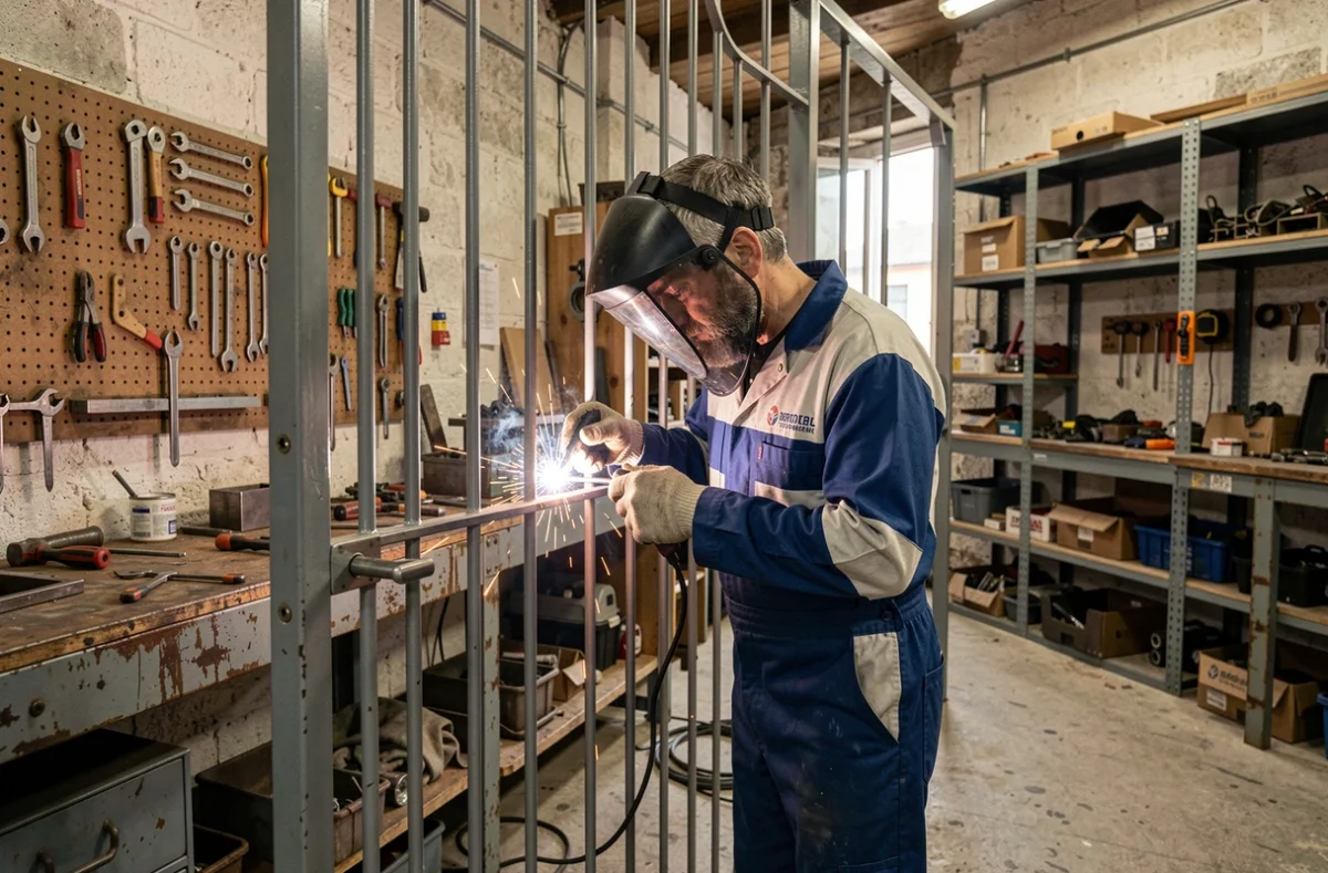 Artisan serrurier de Breizh Serrurerie BS soudant un portail métallique dans un atelier de métallerie breton