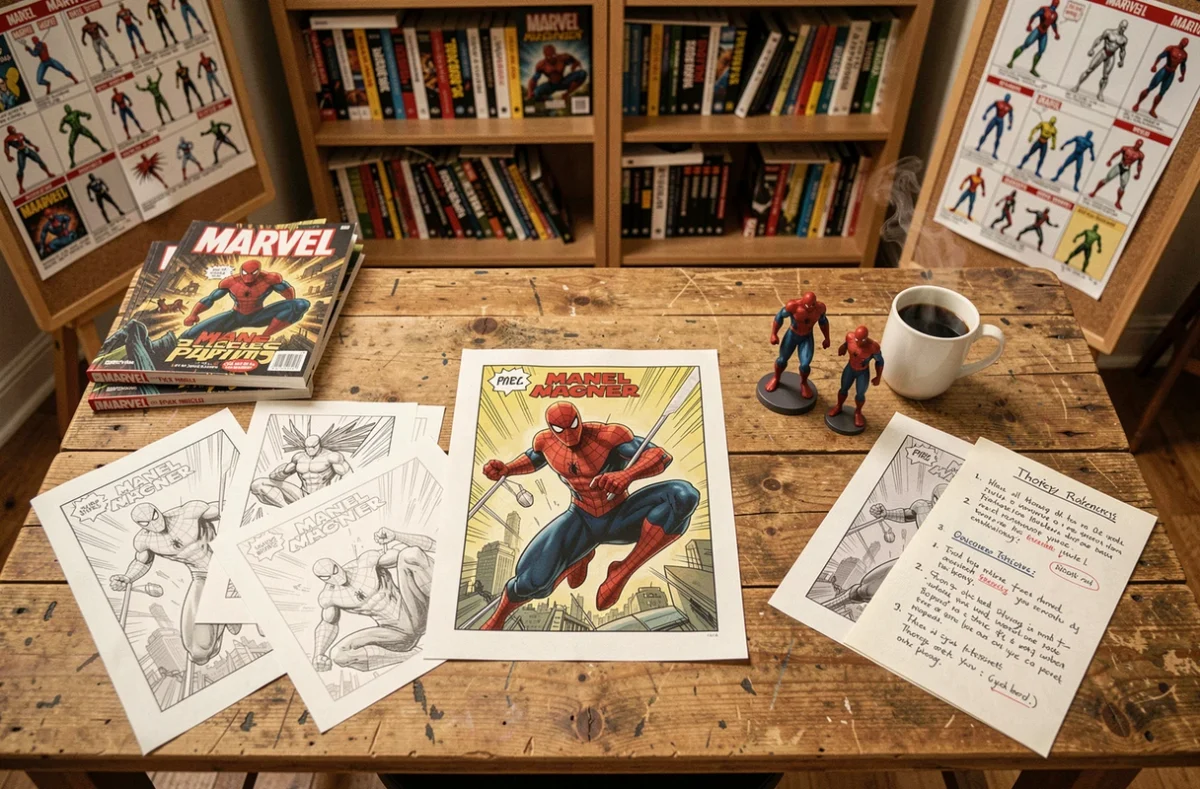 Bureau de fan Marvel avec comics Man Spider, figurines et notes de théorie annotées sur une table en bois