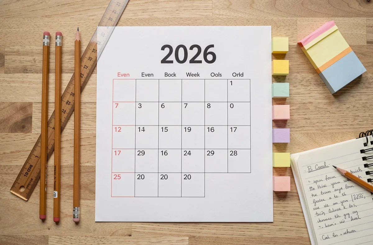 Vue de dessus d'un calendrier 2026 fait main avec semaines paires et impaires, crayons et onglets colorés sur table en bois