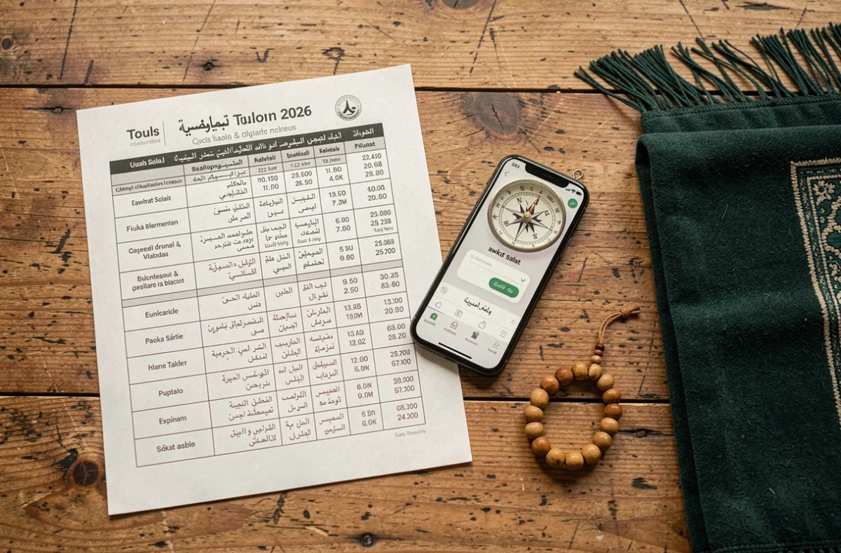 Calendrier des horaires de prière awkat salat Toulon 2026 posé sur un bureau avec une boussole et un chapelet islamique