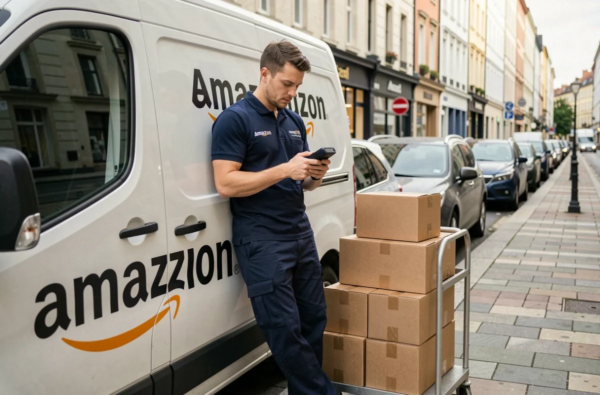 Livreur Amazon consultant son scanner devant son camion de livraison en ville avec des colis sur chariot