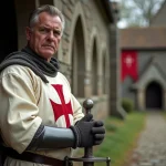Chevalier templier en armure m&eacute;di&eacute;vale devant chapelle