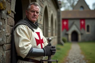 Chevalier templier en armure médiévale devant chapelle