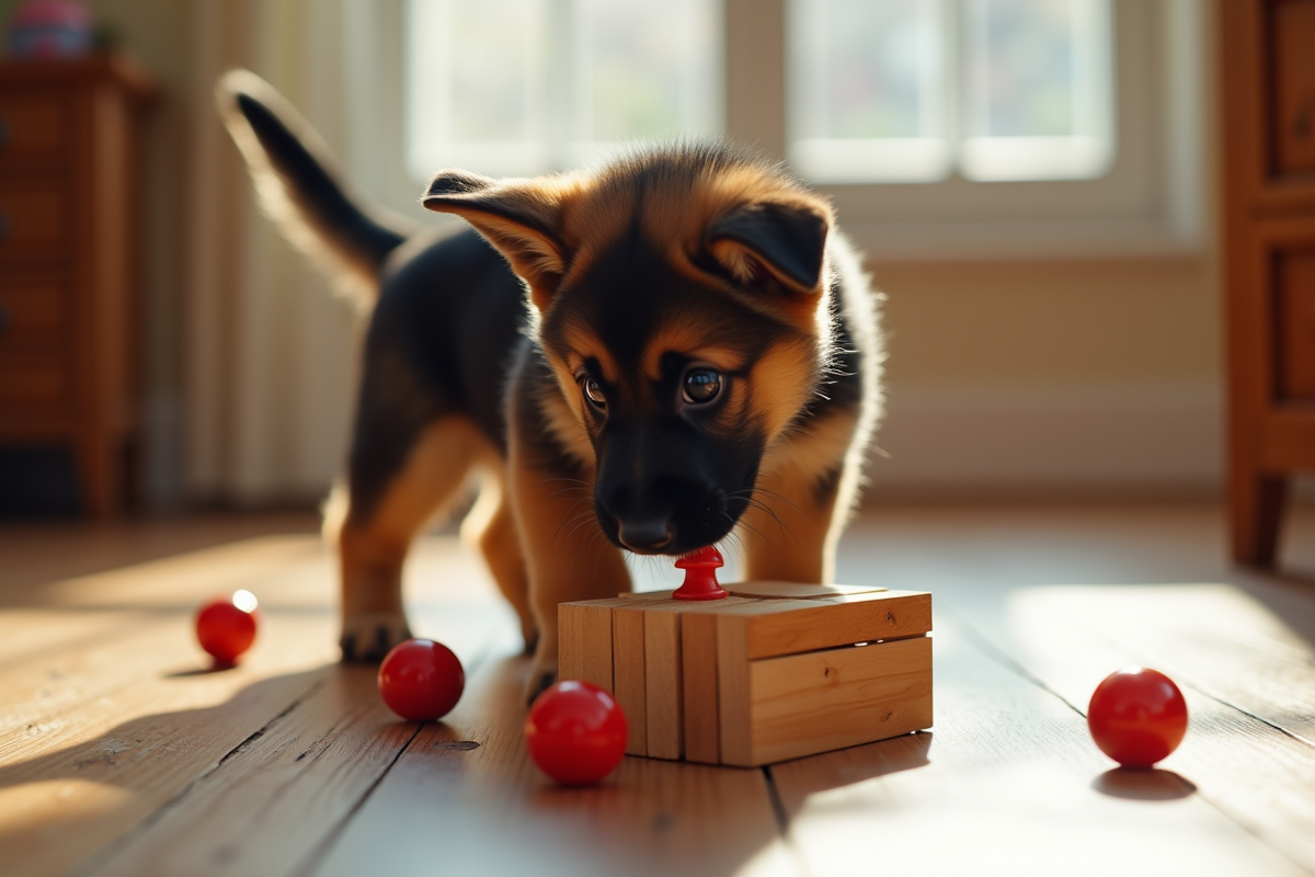 Chiot berger allemand jouant avec un jouet puzzle à l