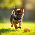Jeune chiot berger allemand jouant avec une balle jaune en plein air