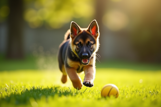 Jeune chiot berger allemand jouant avec une balle jaune en plein air