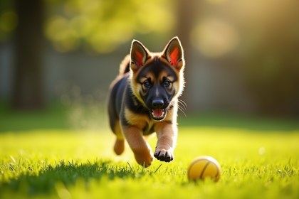 Jeune chiot berger allemand jouant avec une balle jaune en plein air