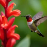 Colibri à gorge rubis en vol stationnaire devant des fleurs rouges, animal totem au plumage irisé vert et rouge dans un jardin fleuri
