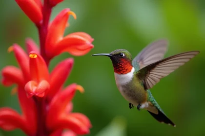 Colibri à gorge rubis en vol stationnaire devant des fleurs rouges, animal totem au plumage irisé vert et rouge dans un jardin fleuri