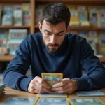 Collectionneur examinant une carte Pokémon holographique rare dans une boutique spécialisée