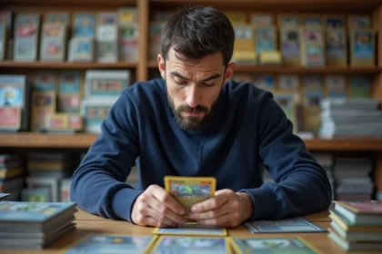 Collectionneur examinant une carte Pokémon holographique rare dans une boutique spécialisée