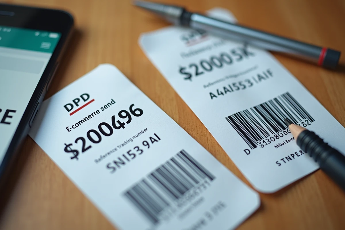 Deux étiquettes de suivi DPD côte à côte sur une table montrant des numéros de référence différents entre l'expéditeur et DPD