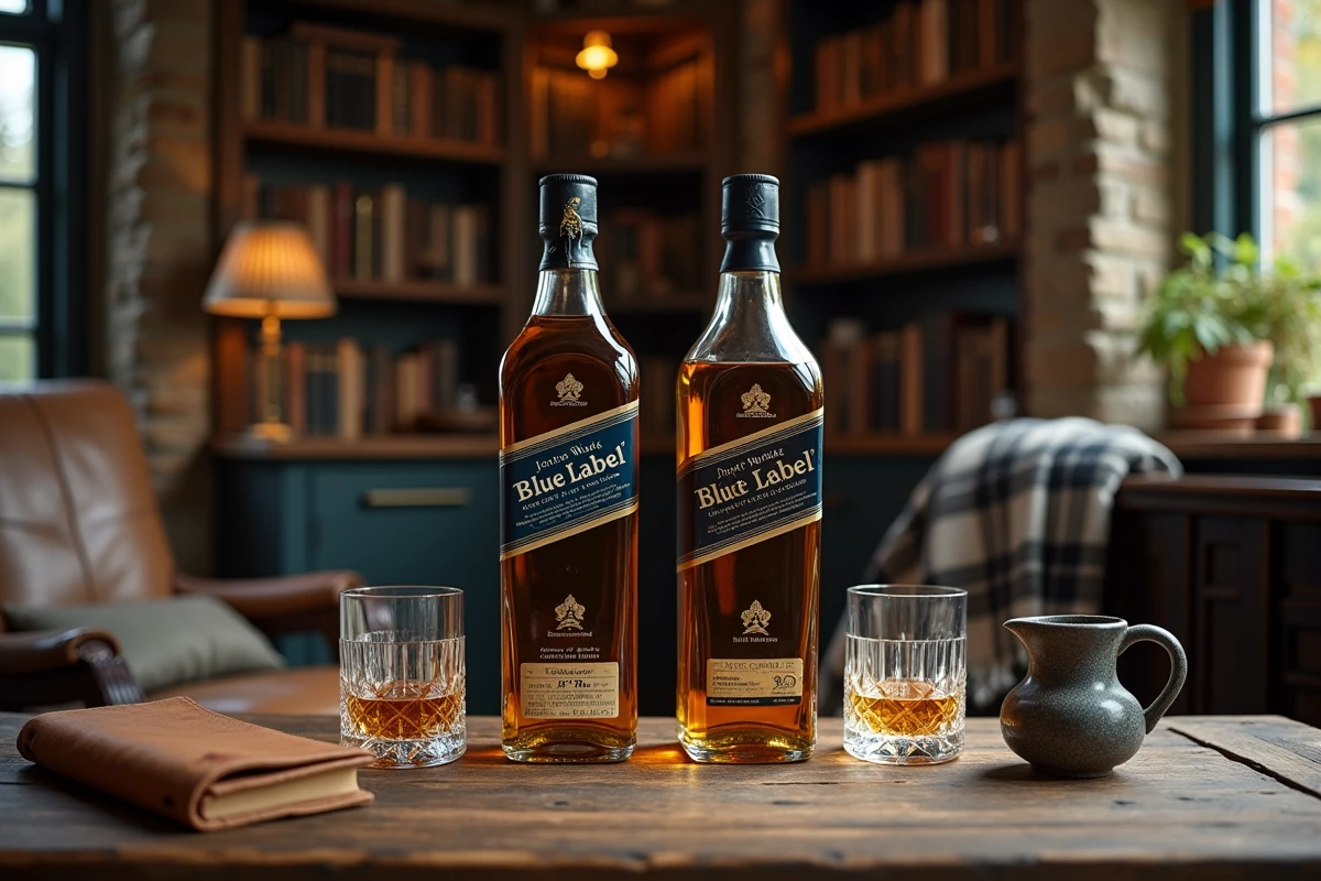 Comparaison côte à côte d'un whisky blend Johnnie Walker et d'un single malt écossais sur une table en chêne rustique avec carnet de dégustation