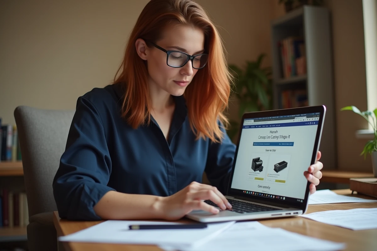 Femme comparant les prix de cartouches d'encre en ligne depuis son bureau à domicile au Luxembourg
