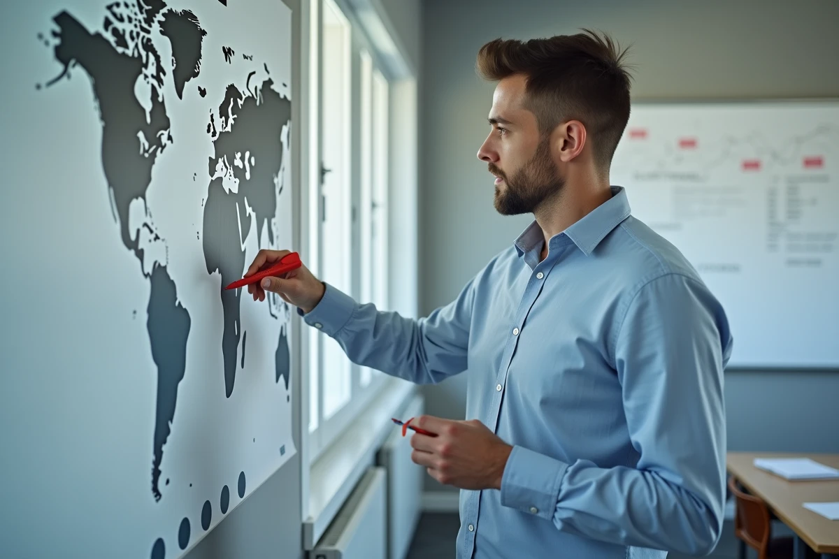 Homme présentant une affiche comparative des superficies de différents pays avec des silhouettes géographiques dans une salle de cours moderne