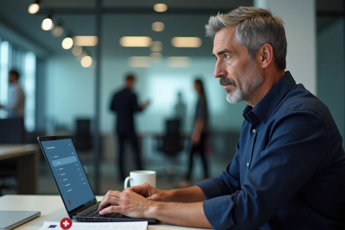 Homme en bureau consultant un ordinateur pour composer un numéro international avec le préfixe téléphonique 0041