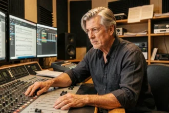 Compositeur professionnel travaillant sur une partition orchestrale dans un studio d'enregistrement professionnel, évoquant l'univers créatif de Hans Zimmer