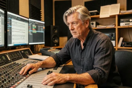 Compositeur professionnel travaillant sur une partition orchestrale dans un studio d'enregistrement professionnel, évoquant l'univers créatif de Hans Zimmer