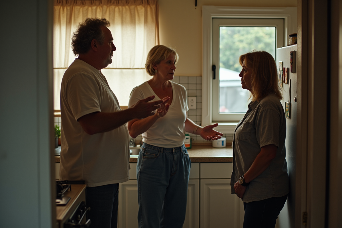Trois adultes en tension dans une cuisine