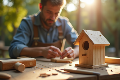Adultus construisant un nichoir en bois en extérieur