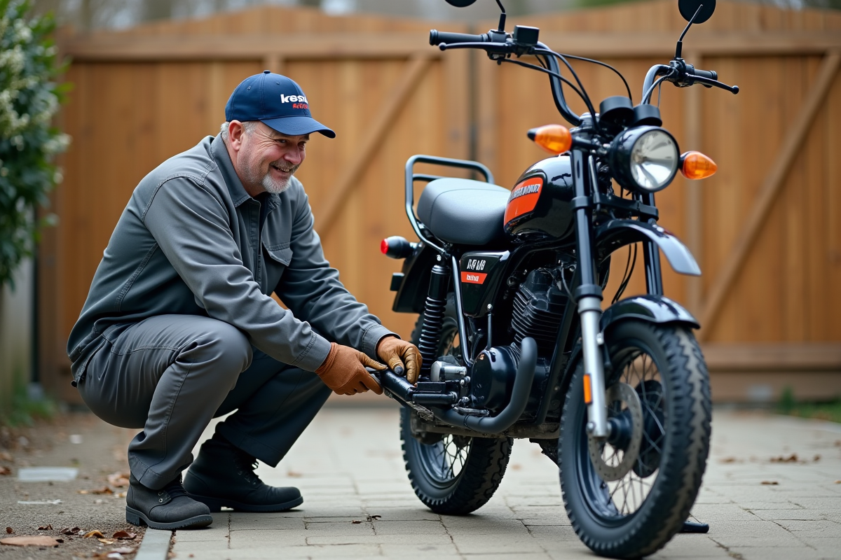 Homme en vêtements pratiques vérifiant la chaîne d'une Yamaha Piwi 80