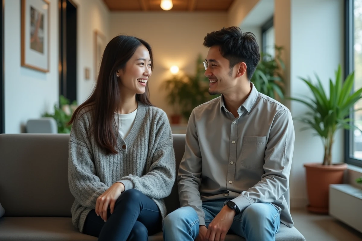 Jeune femme et homme en discussion dans un couloir de bureau