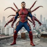 Cosplayer en costume Man Spider sur un toit urbain avec des bras articulés arachnides et la ville en arrière-plan