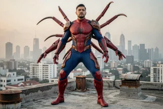 Cosplayer en costume Man Spider sur un toit urbain avec des bras articulés arachnides et la ville en arrière-plan