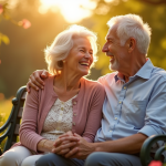 Couple agee riant sur un banc dans un parc ensoleille