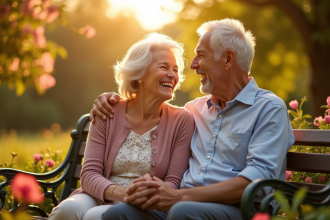 Couple agee riant sur un banc dans un parc ensoleille