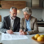 Couple en tenue décontractée examinant des plans architecturaux à la maison