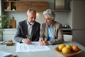 Couple en tenue décontractée examinant des plans architecturaux à la maison