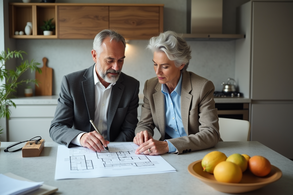 Couple en tenue décontractée examinant des plans architecturaux à la maison