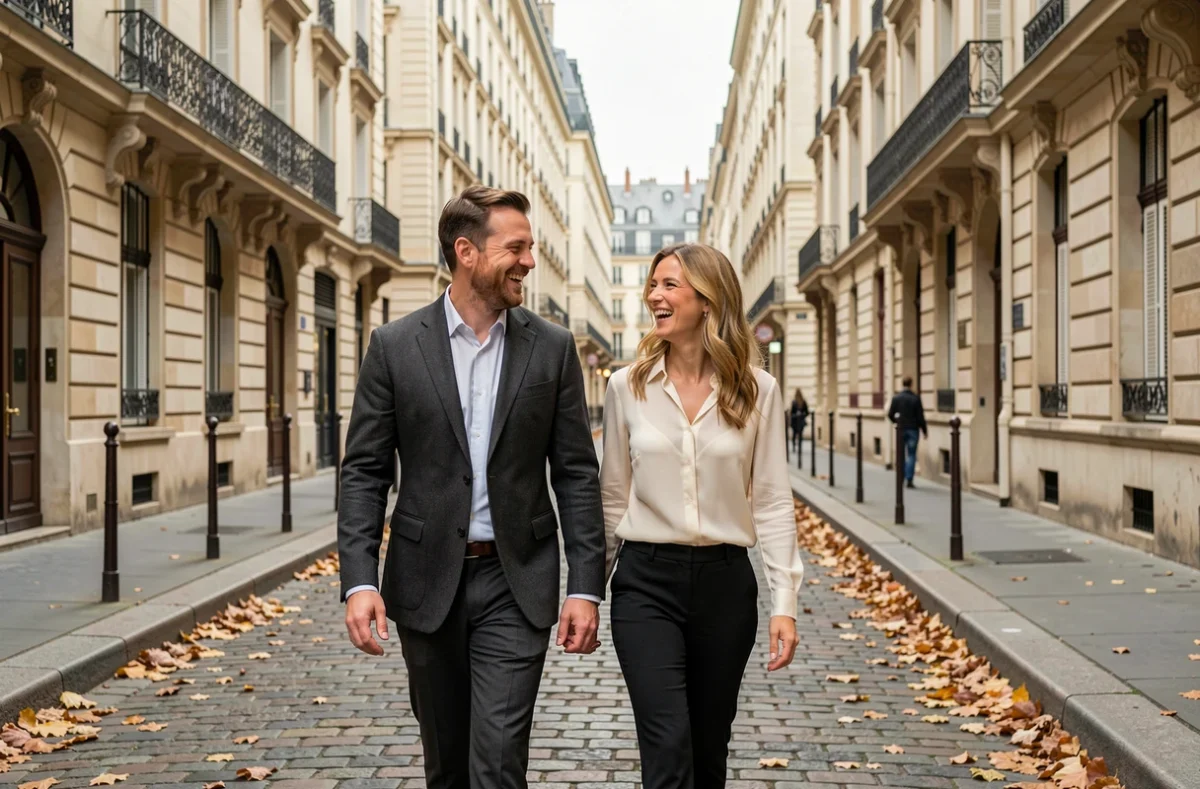 Couple élégant se promenant dans une rue pavée parisienne en automne, atmosphère lifestyle romantique