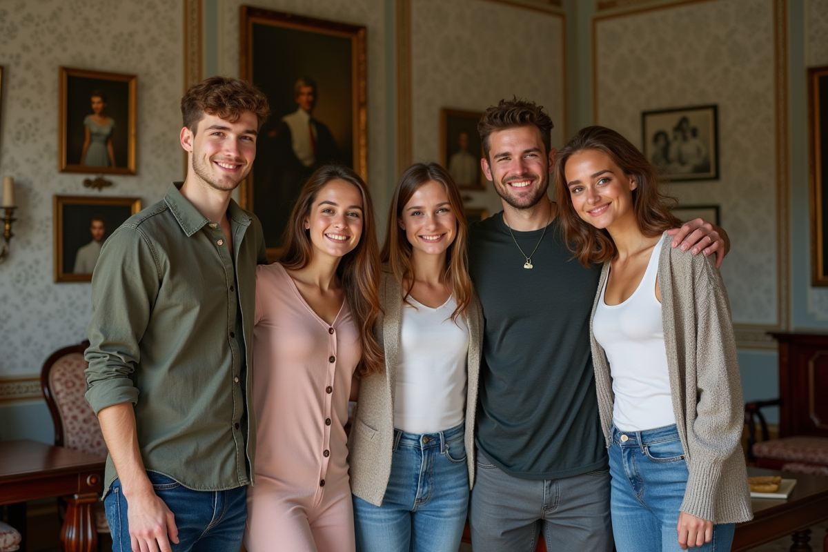 Cousins jeunes posant dans un salon ancien