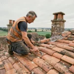 Couvreur professionnel installant des tuiles en terre cuite sur un toit traditionnel dans les Pays de la Loire