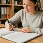 Femme écrivant des dates dans un calendrier 2026 à semaines paires et impaires sur un bureau en bois