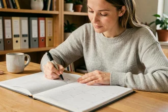 Femme écrivant des dates dans un calendrier 2026 à semaines paires et impaires sur un bureau en bois