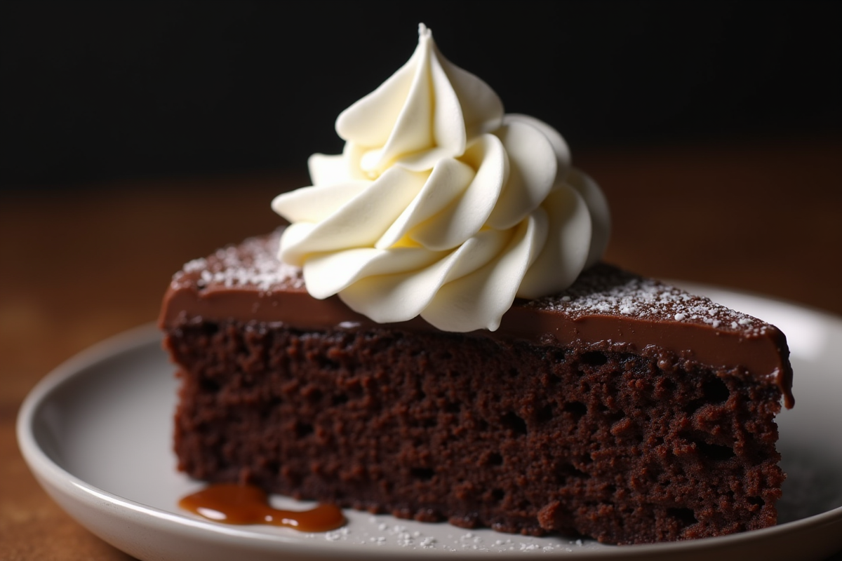 Cuillerée de creme sur une tranche de gateau chocolat