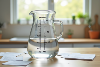 Plan de cuisine avec un verre doseur de 200 ml d'eau et notes de conversion