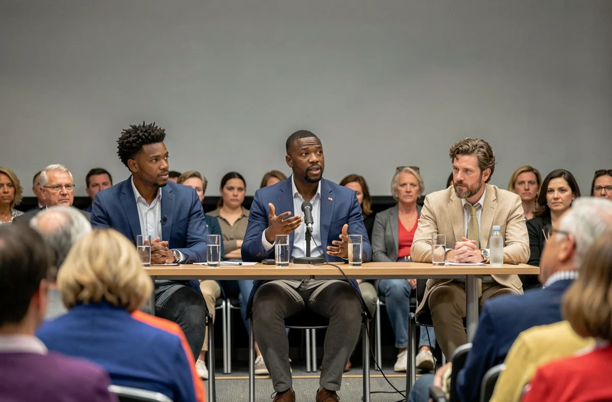 Débat public sur le racisme et l'humour lors d'une conférence, panneau de discussion avec intervenants de diverses origines ethniques