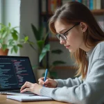 Jeune femme apprenant les bases d'Aipdb sur un ordinateur portable dans un bureau à domicile, prenant des notes manuscrites