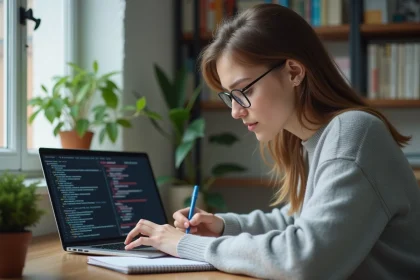 Jeune femme apprenant les bases d'Aipdb sur un ordinateur portable dans un bureau à domicile, prenant des notes manuscrites