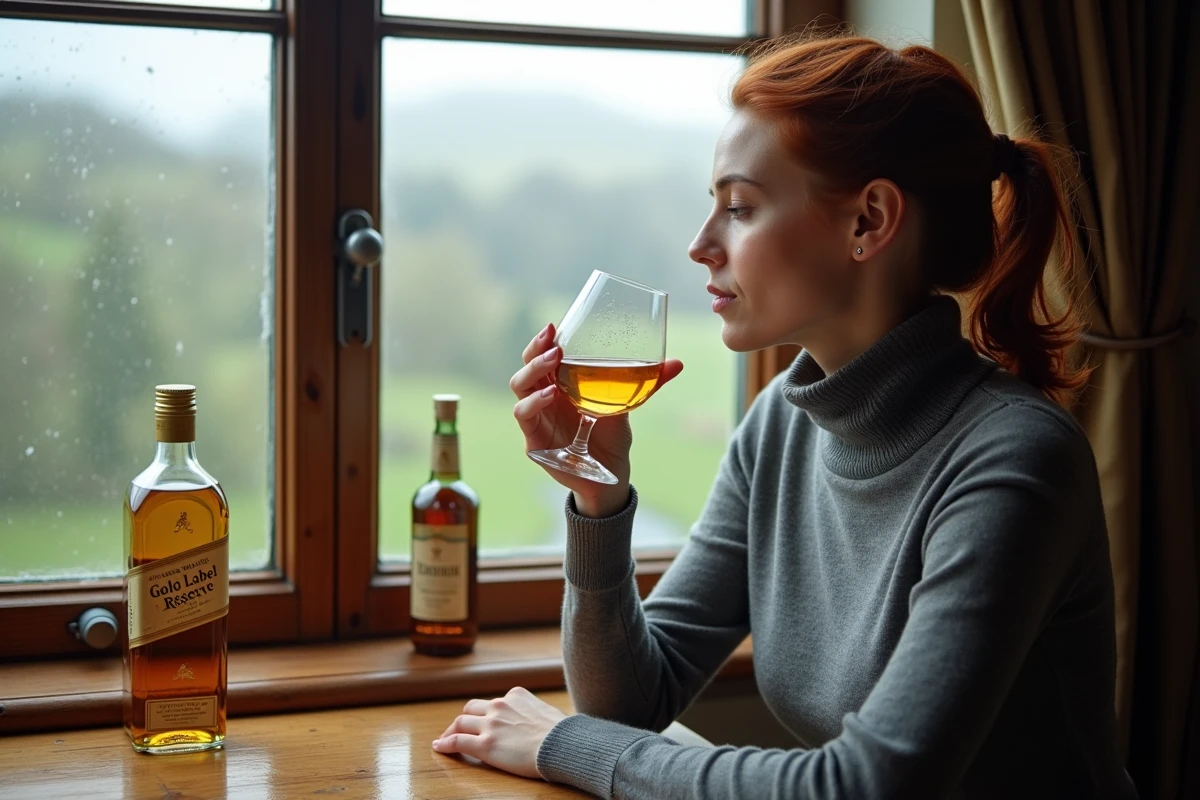 Femme dégustant un whisky en comparant un blend Johnnie Walker et un single malt Islay devant un paysage des Highlands écossais