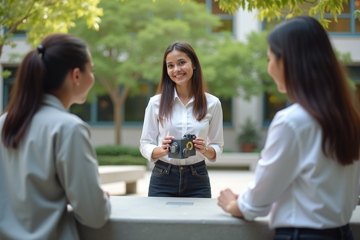 Jeune scientifique montrant un moteur quantique à des étudiants en extérieur