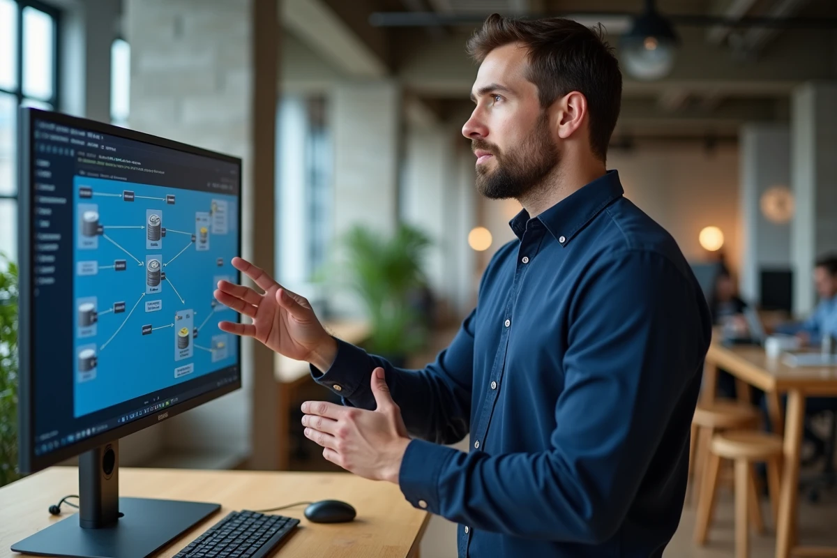 Développeur web masculin analysant un schéma de base de données Aipdb sur grand écran dans un espace de coworking moderne